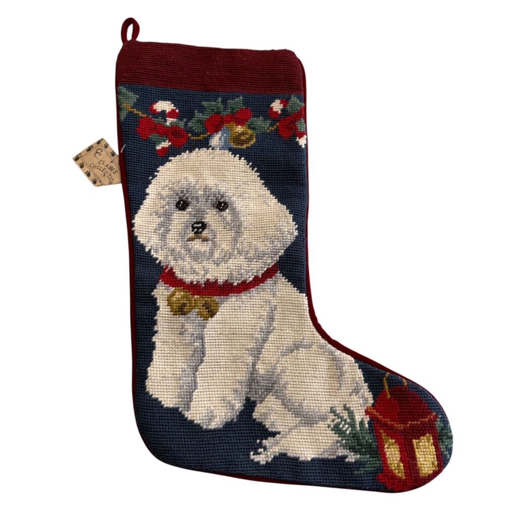 Vtg Wool Bichon Frise Christmas Stocking Needlepoint Handmade 17" Dog Fireplace